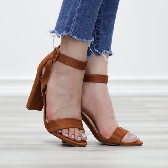 Faux Suede Open Toe Block High Heel Sandals - Picture 4 of 12